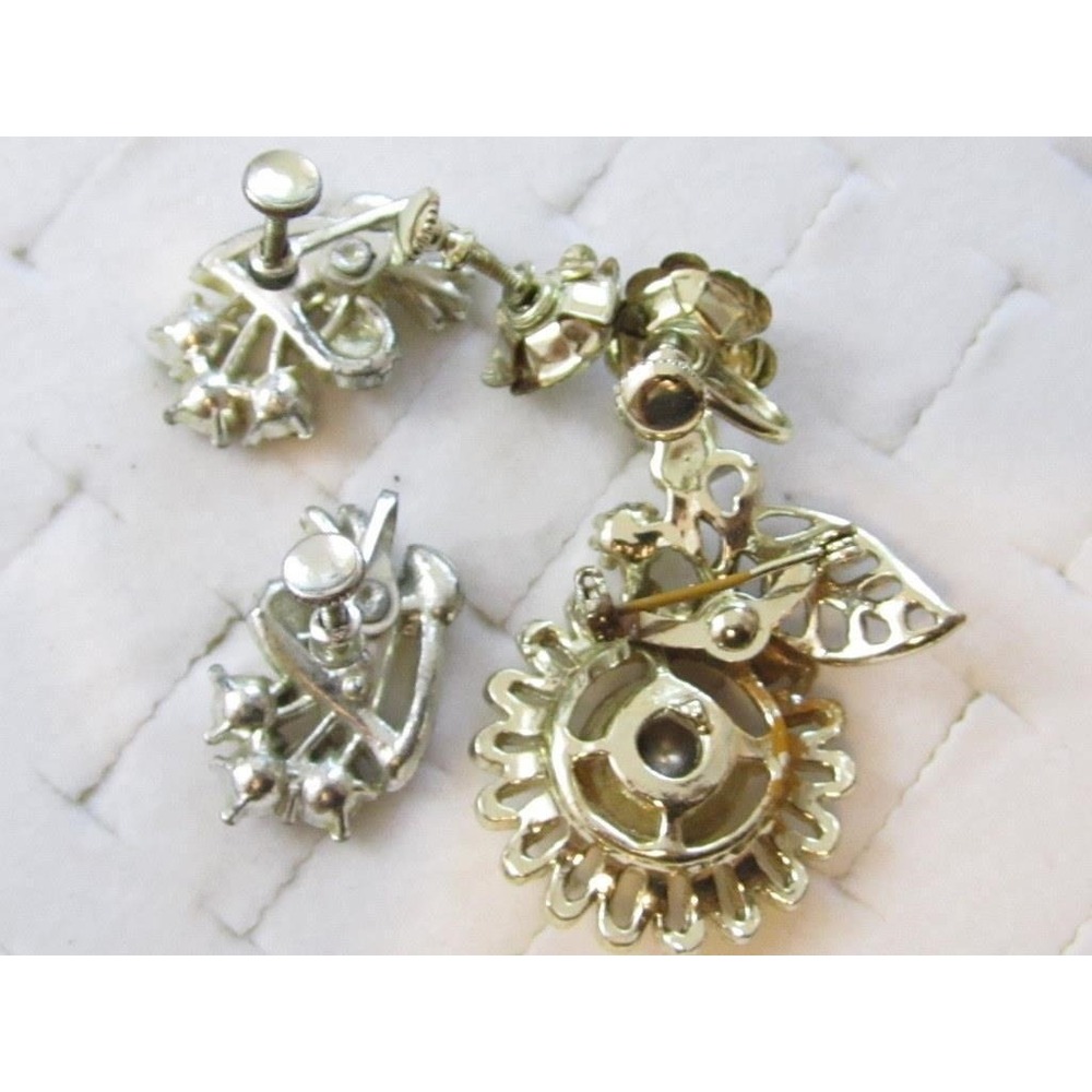 Vintage Jewelry Lot 3Pc Ab Rhinestone Flower Pin, Rose & Floral Sb Earrings - Picture 3 of 4